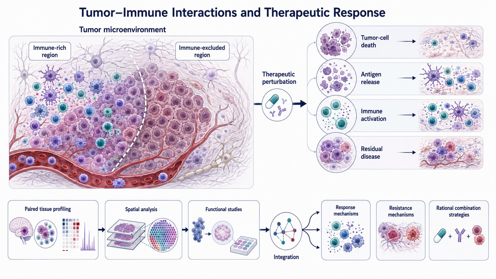 Tumor–immune microenvironment showing immune-rich and immune-excluded regions, treatment-induced tumor-cell death and immune activation, and profiling workflows for studying response and resistance.