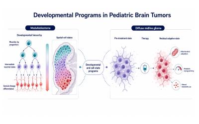 Infographic depicting how developmental and adaptive cell-state programs shape medulloblastoma and diffuse midline glioma biology and treatment response.